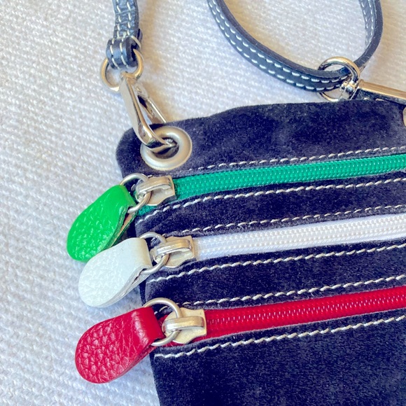 Amica Italian Suede Crossbody Black with Multi Colored Zippers Travel - Picture 2 of 6